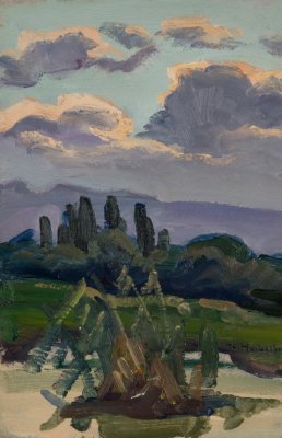 Dusk in Akropotamia — Oil painting, Fiberboard, 22.00×33.00cm — Theodoros Markellos